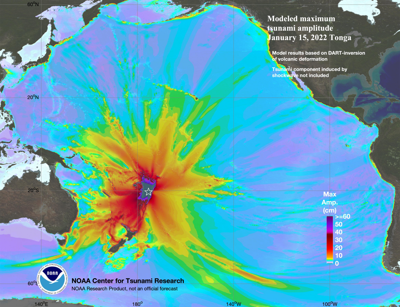 NOAA map modeling maximum tsunami amplitude across the Pacific Ocean from the 2022 Hunga Tonga eruption. NOAA map modeling maximum tsunami amplitude across the Pacific Ocean from the 2022 Hunga Tonga eruption.