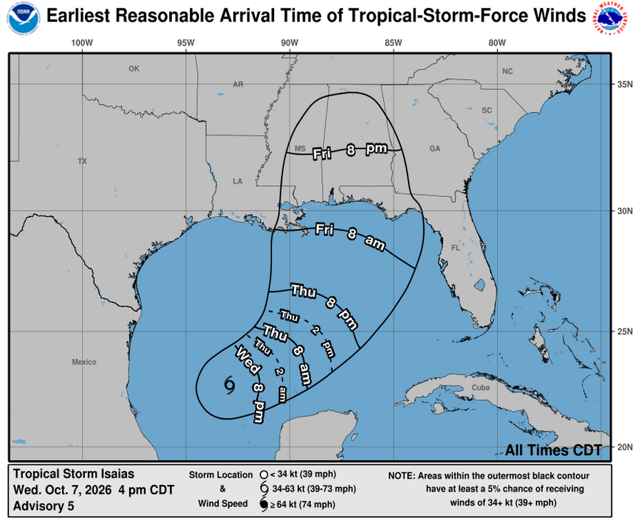 NOAA map showing Tropical Storm Isaias's earliest arrival time of tropical-storm-force winds in the Gulf of Mexico. NOAA map showing Tropical Storm Isaias's earliest arrival time of tropical-storm-force winds in the Gulf of Mexico.