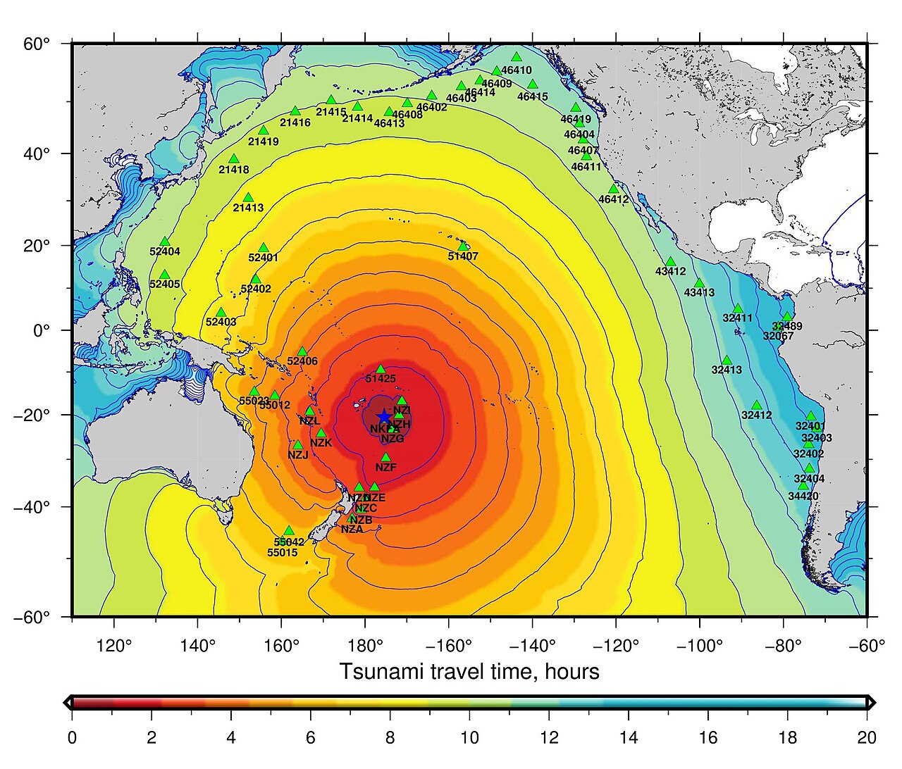 Pacific Ocean map showing tsunami travel times radiating outward after the 2022 Hunga Tonga volcanic eruption. Pacific Ocean map showing tsunami travel times radiating outward after the 2022 Hunga Tonga volcanic eruption.