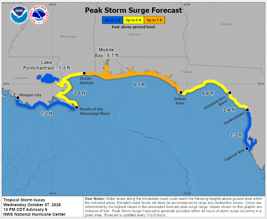 Peak Storm Surge Forecast map for Tropical Storm Isaias, showing 5-7 ft surge in Mobile Bay, Gulf Coast. Peak Storm Surge Forecast map for Tropical Storm Isaias, showing 5-7 ft surge in Mobile Bay, Gulf Coast.