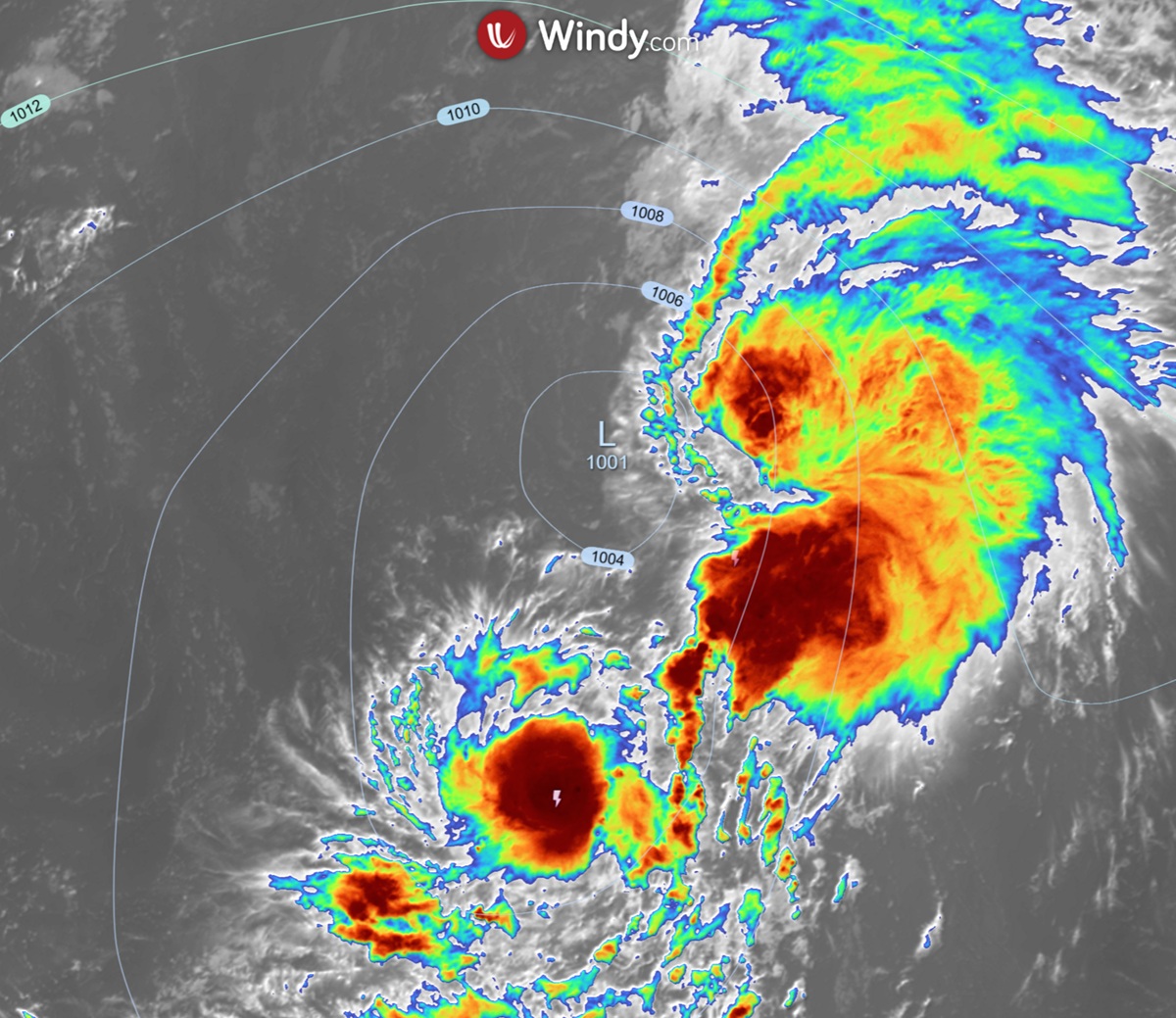 Satellite view of a low-pressure system (L 1001) with isobar lines, illustrating its formation and structure. Satellite view of a low-pressure system (L 1001) with isobar lines, illustrating its formation and structure.