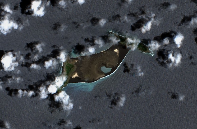 Satellite view of the Hunga Tonga-Hunga Ha'apai volcano and crater caldera before the 2022 eruption. Satellite view of the Hunga Tonga-Hunga Ha'apai volcano and crater caldera before the 2022 eruption.