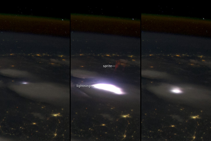 Time-lapse of red sprite forming above a bright lightning flash over Earth at night, seen from space. Time-lapse of red sprite forming above a bright lightning flash over Earth at night, seen from space.