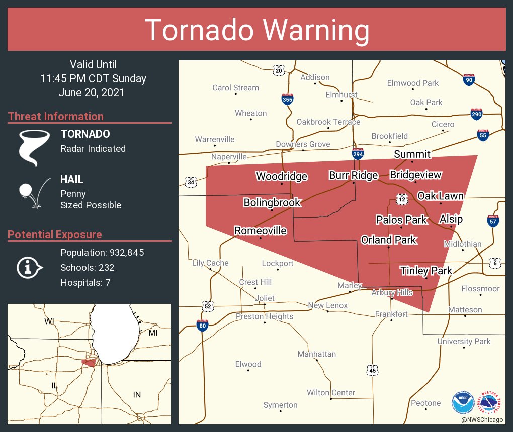 Tornado Warning map for Illinois, showing affected areas like Bolingbrook and Orland Park, with threat details. Tornado Warning map for Illinois, showing affected areas like Bolingbrook and Orland Park, with threat details.
