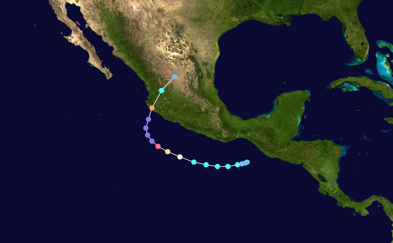 Track map of Hurricane Patricia's extreme path across the Pacific and Mexico, showing its rapid intensification.