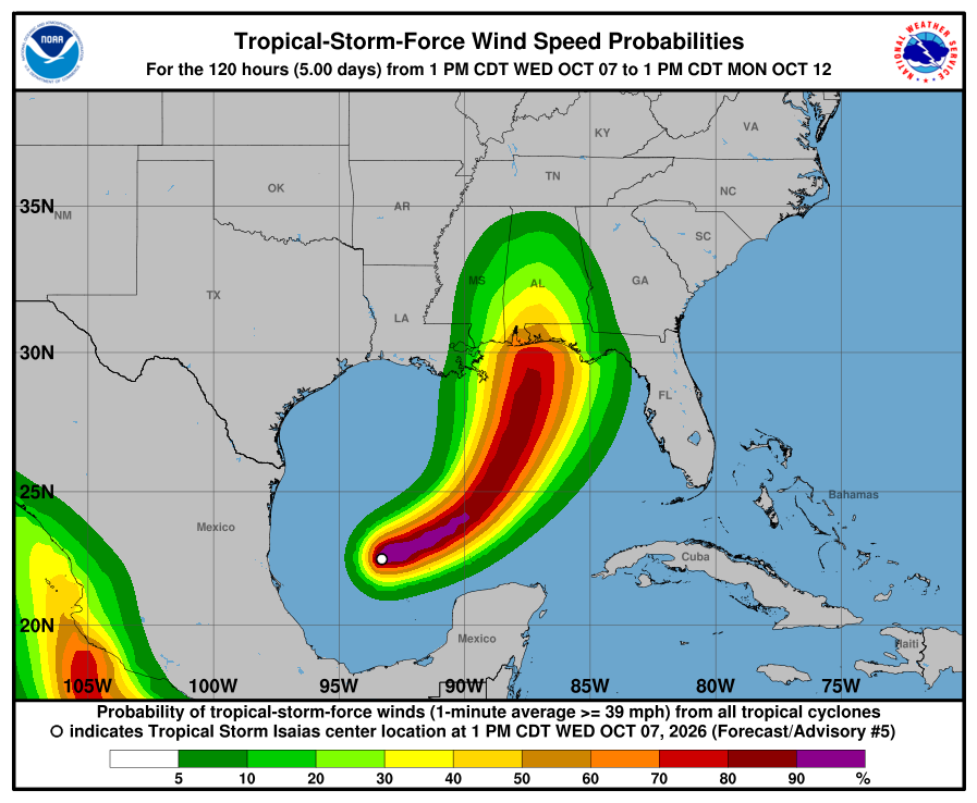 Tropical Storm Isaias wind speed probability map showing its path and intensity in the Gulf of Mexico. Tropical Storm Isaias wind speed probability map showing its path and intensity in the Gulf of Mexico.