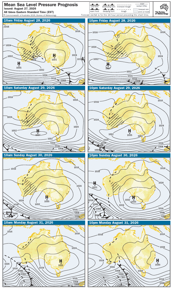 Weather prognosis maps for Australia showing cold fronts, pressure systems, and rainfall over several days. Weather prognosis maps for Australia showing cold fronts, pressure systems, and rainfall over several days.