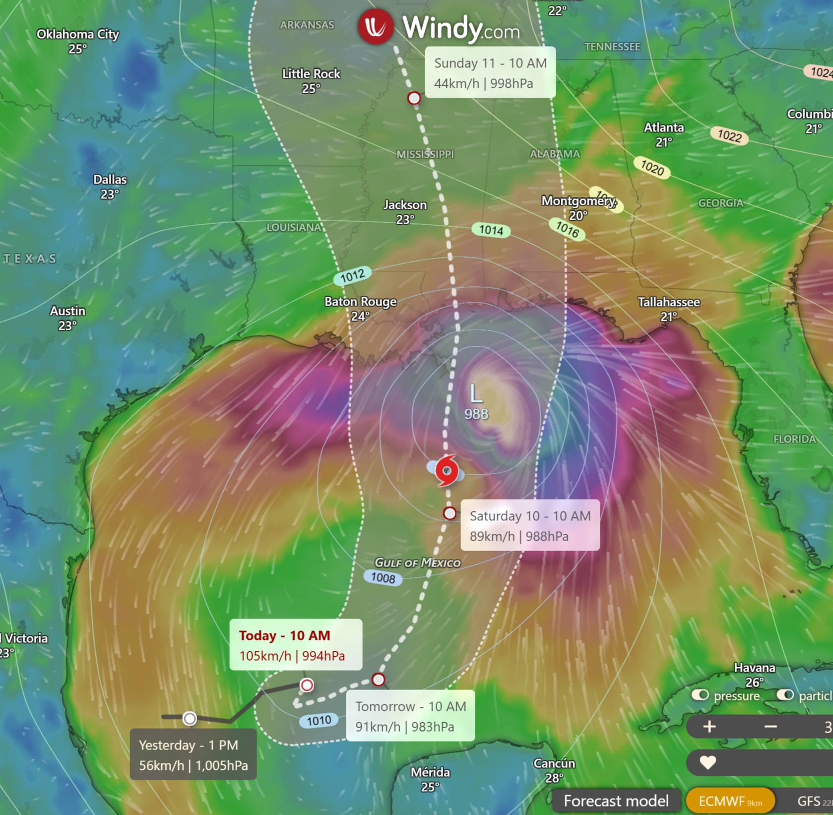 Windy.com map showing Tropical Storm Isaias's path and intensity in the Gulf of Mexico, nearing hurricane strength. Windy.com map showing Tropical Storm Isaias's path and intensity in the Gulf of Mexico, nearing hurricane strength.