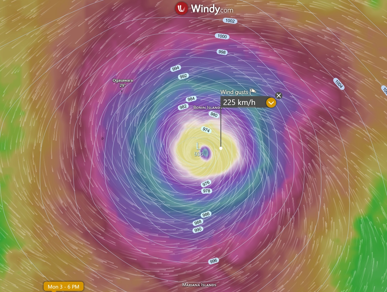 Windy.com map showing Typhoon Dolphin 2026 with 225 km/h gusts, central pressure 936 hPa, near Bonin Island.