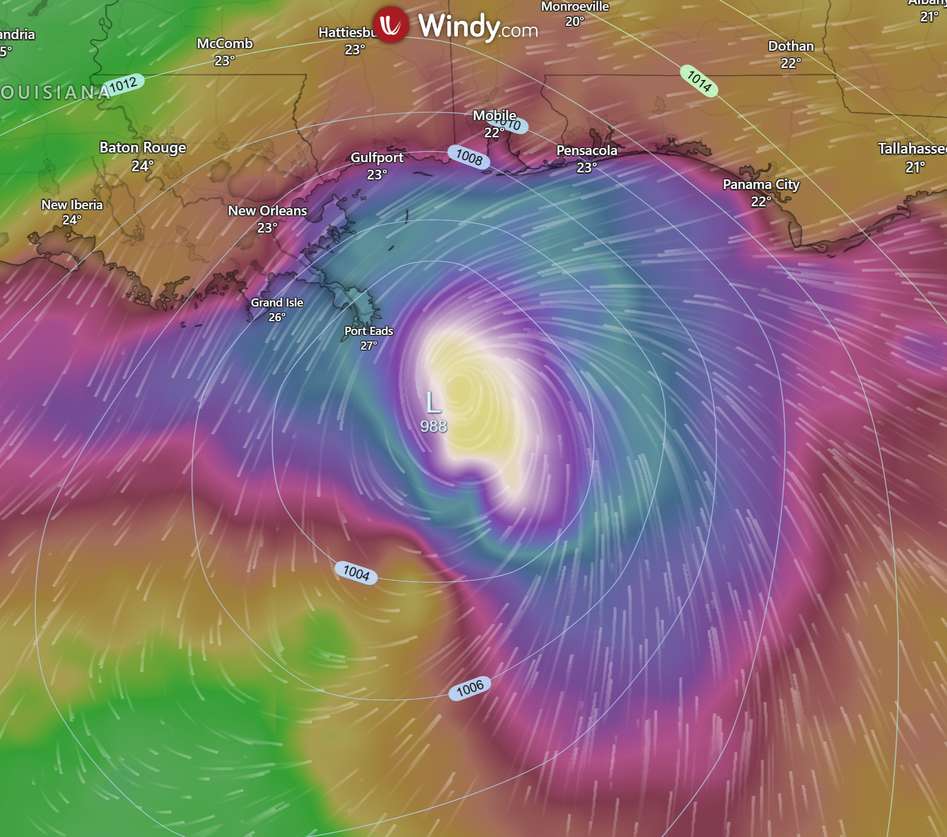 Windy.com map shows Tropical Storm Isaias in the Gulf of Mexico, with swirling winds and low pressure (988mb) near Louisiana. Windy.com map shows Tropical Storm Isaias in the Gulf of Mexico, with swirling winds and low pressure (988mb) near Louisiana.